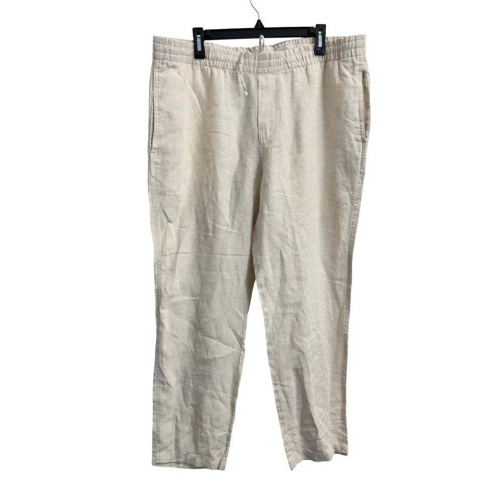 H&M Mens XL Regular Fit Linen Pants Beige Oatmeal Elastic Waist Drawstring